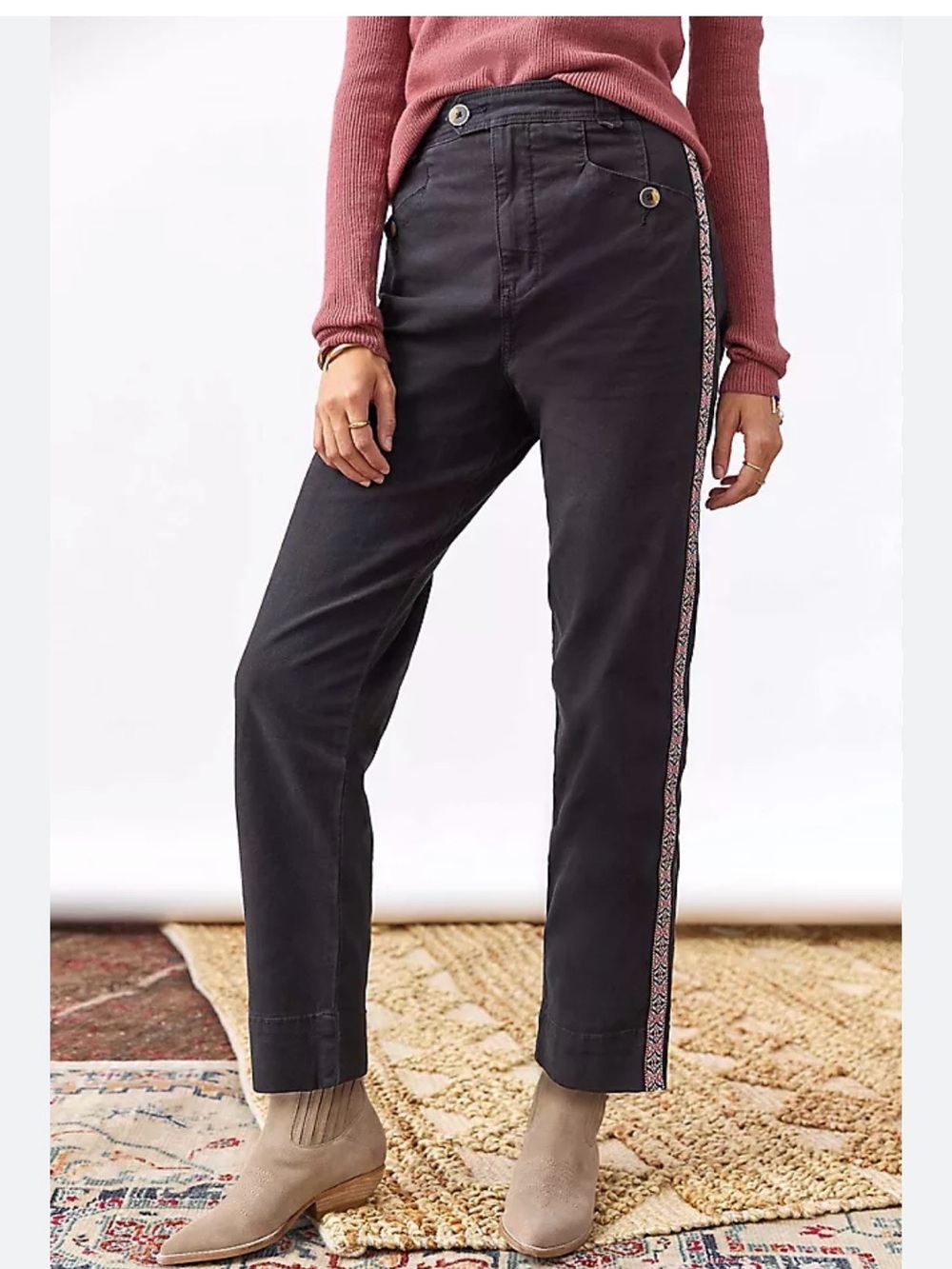 Anthropologie women’s 6 slim tapered pants embroidered side stripe